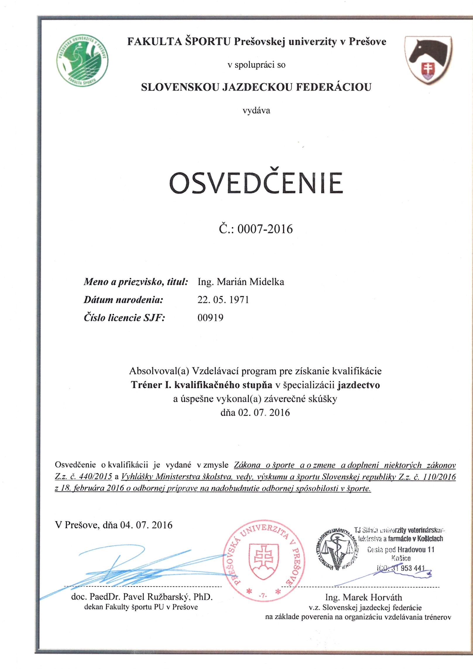 Certifikát trener jazdectva